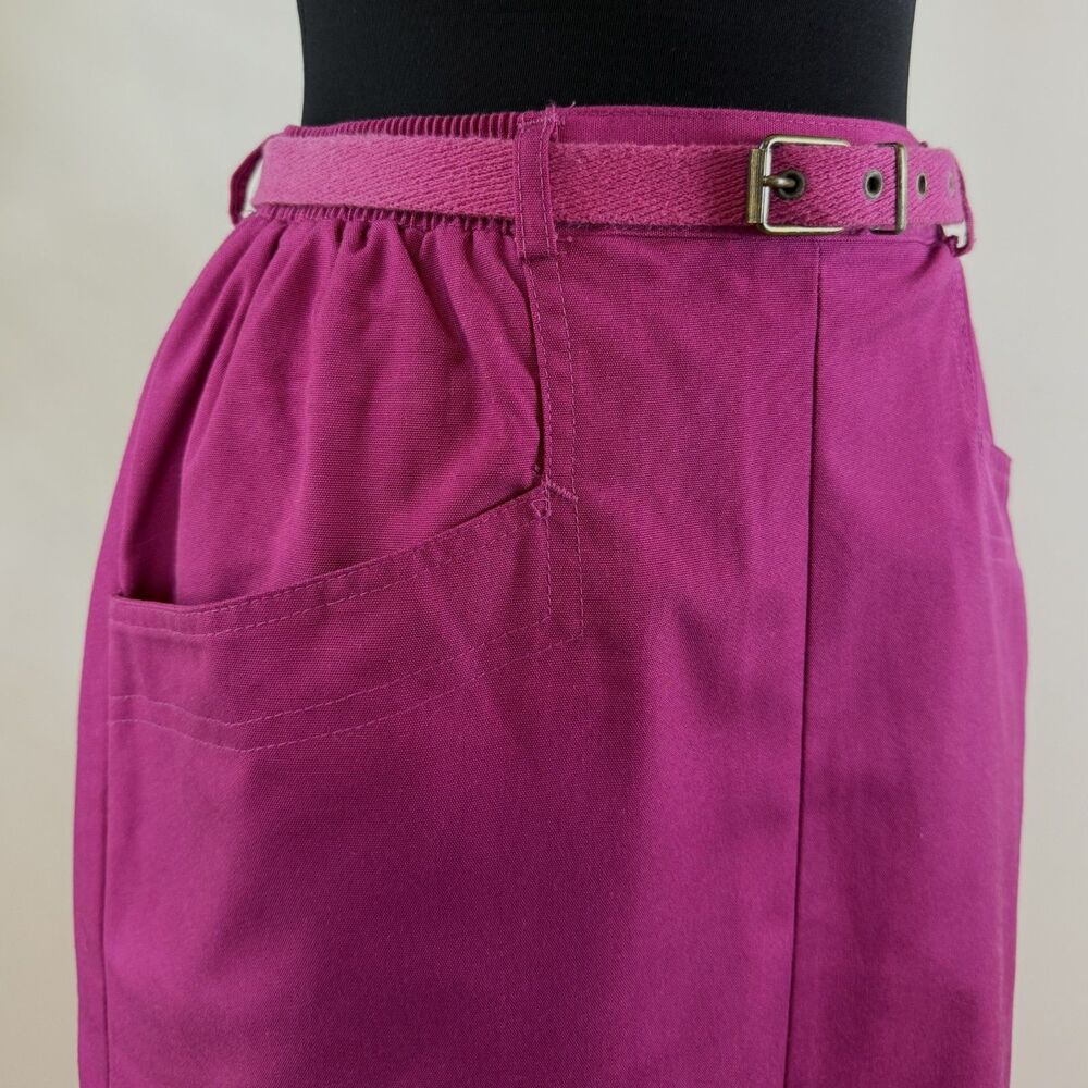 Vintage 80s Magenta High Waist Midi Skirt, Cotton Blend Belted Oversized Pockets